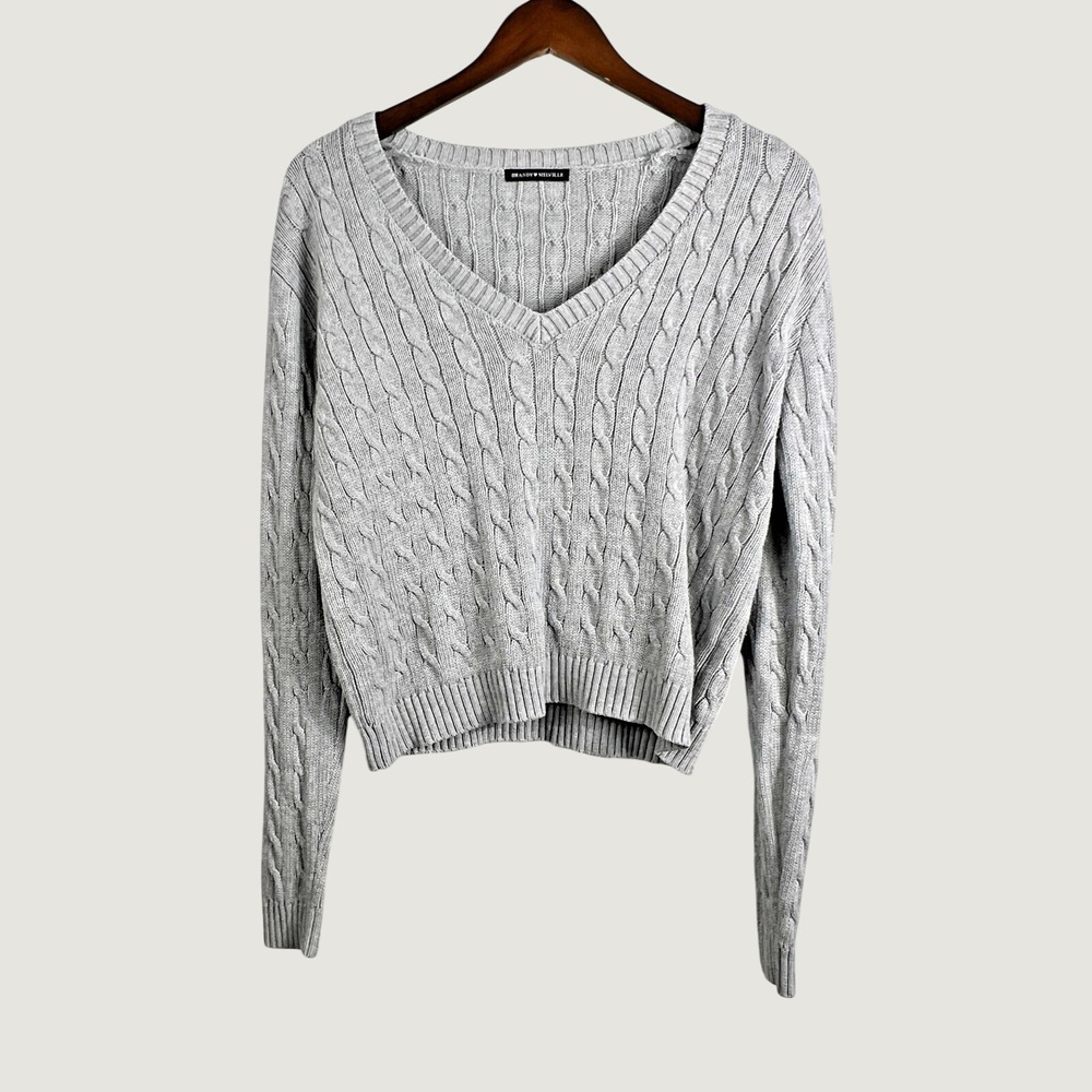 Brandy Melville Sweater Women One Size Grey Brianna V-Neck Cable Knit Pullover